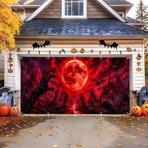 7x16 FT Halloween Garage Door Banner Cover - Scary Blood Moon Zombie Hands - Variation 248