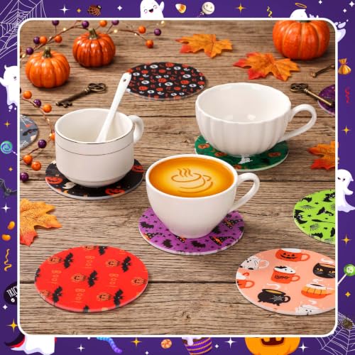 Halloween Coasters Set - 16 Spooky Ghost Pumpkin Bat Skull Drink Mats - Non-Slip 4 Inch Round PVC Party Supplies