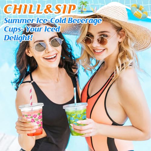 72 Summer Disposable Plastic Cups with Lids & Straws - Hawaiian Tropical Design
