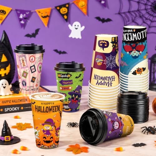 Halloween Disposable Coffee Cups 16oz with Lids - 48 Pack, Spooky Designs