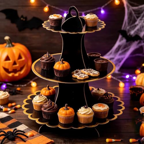 Black Gold 3-Tier Cardboard Cupcake Stand - Disposable Dessert Tower Set of 2