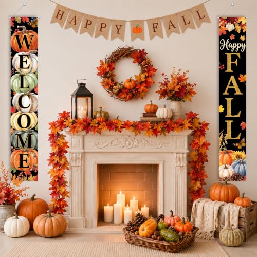 Black Fall Decor Set with Garland & Door Sign - Happy Fall Pumpkin - Fall Maple Leaves