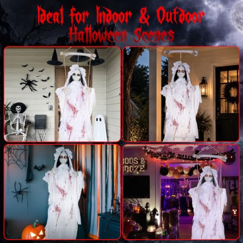 Halloween Swinging Ghost Girl Hanging Prop Indoor Outdoor Decorations with Sound & LED Eyes