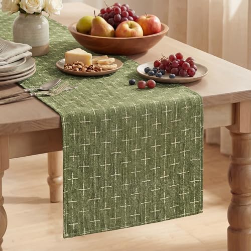 Olive Green Cross-Star Textured Table Runner - 13x90 Inch Waterproof Rustic Decor