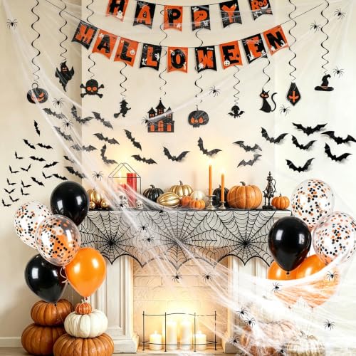 Halloween Indoor Party Decorations Set with Mantel Scarf, Bats, Webs & Balloons