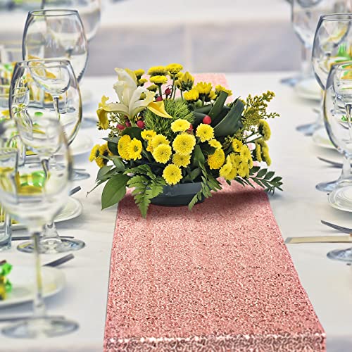 Disposable Tablecloth and Sequin Table Runner Set for Weddings & Parties - 8ft Rectangular, White & Rose Gold