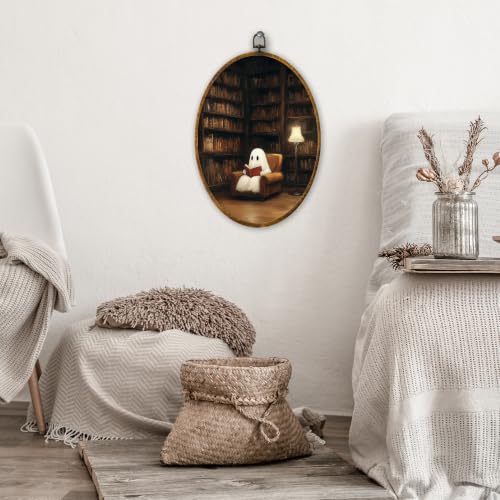 Halloween Ghost Reading Book Wall Art Framed Oval Decor - Color05