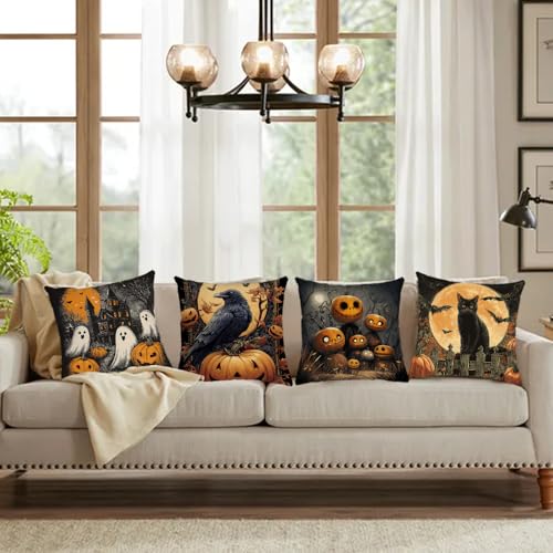 Halloween Pillow Covers Set of 4 20x20 Inch Velvet Ghost Pumpkin Cat Decor - Variation of THIS listing