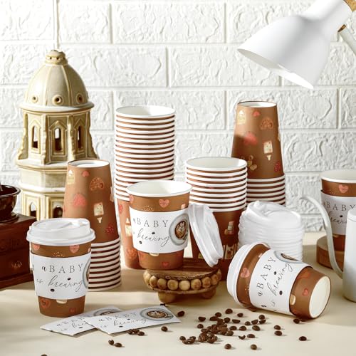 Baby Is Brewing Coffee Cups Set - 60pcs 14oz Disposable Cups with Lids & Sleeves, Brown Variation