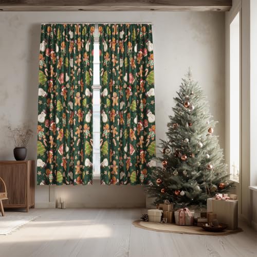 Green Sheer Xmas Curtains 52x96in Set of 2 - Gingerbread & Snowman Pattern