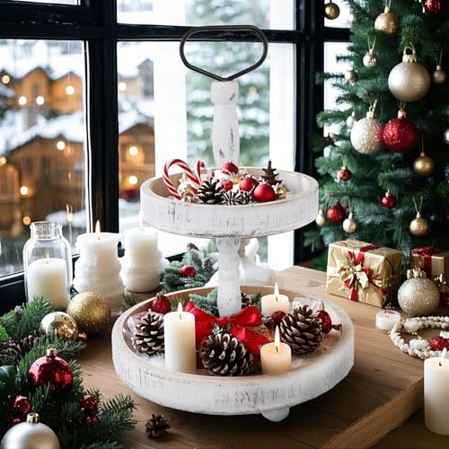 2-Tier Rustic Wooden Serving Tray Stand - Farmhouse Decor for Kitchen & Home