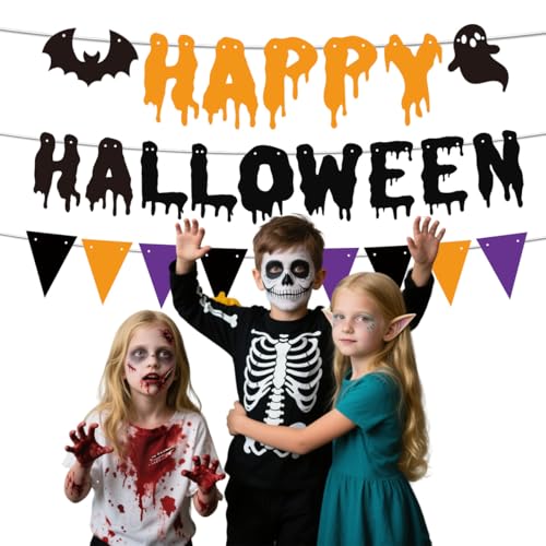 Halloween Bunting Banner with Triangle Flags and Bat Motifs - Pre-Assembled Wall & Party Decor