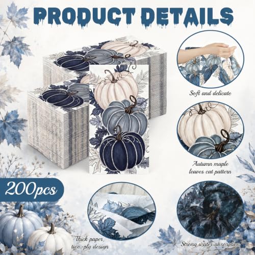 Blue Fall Pumpkin Guest Disposable Napkins - 200 Pcs, Autumn Table Decor