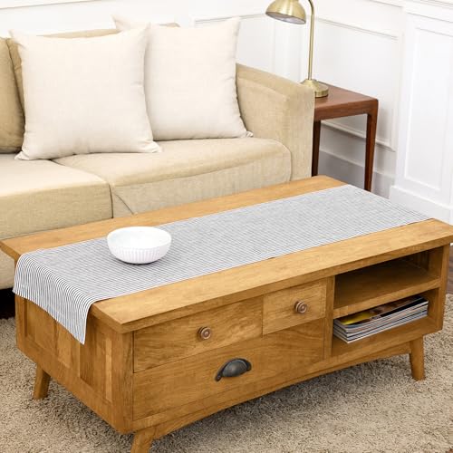 Black & White Linen Table Runner - 14x60 Inch Narrow Stripe - Solino Home