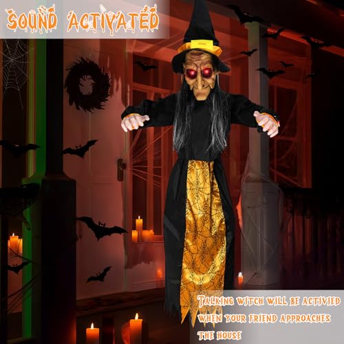 67-Inch Halloween Hanging Witch with Light-Up Eyes & Sound Activation - Outdoor Indoor Decor Yard Garden Black