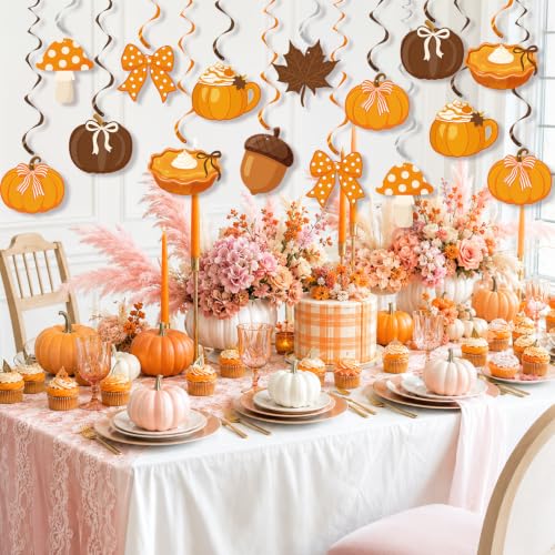 Fall Hanging Swirl Decorations with Pumpkins Maple Leaves & Bows - 20 Pcs