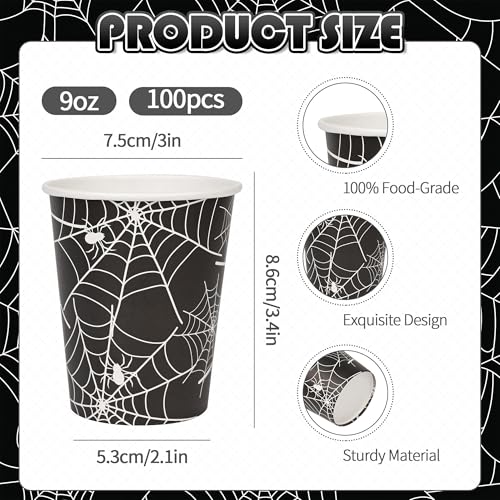 Halloween Disposable Paper Cups 9oz Spiders Web Design Black White 100 Pack - Party Supplies