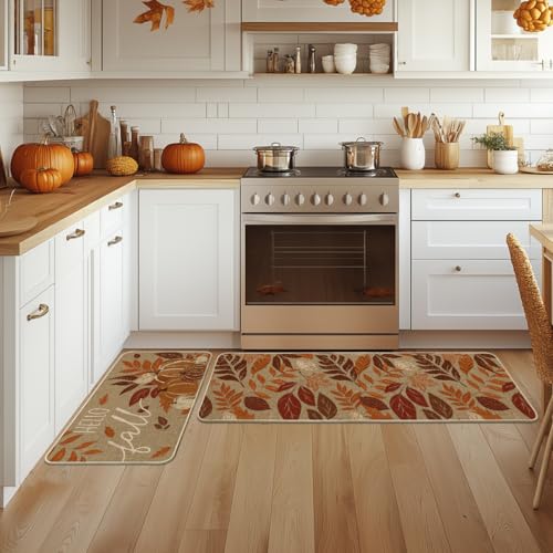 Vintage Pumpkin Fall Kitchen Mats Set of 2 - 17x29 & 17x47 Orange