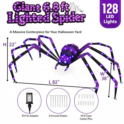 6.8 Ft Outdoor Halloween Giant Spider with 128 Purple LED Lights for Yard & Haunted House