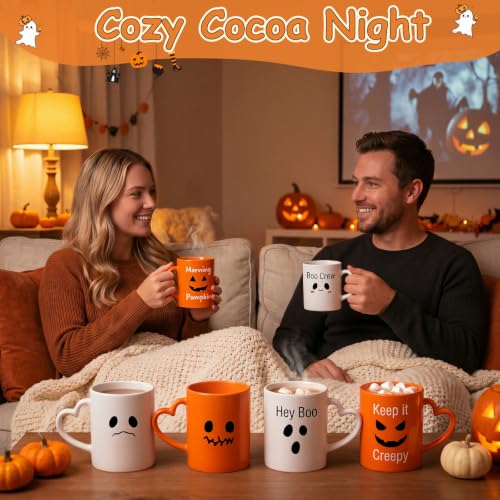 Halloween Coffee Mug Set with Heart Handles - 6 Pack, 10 Oz, Halloween / Yellow White Black