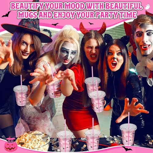 Halloween Plastic Cups with Straws and Lids - Pink Novel Style - 50 Pack 12oz