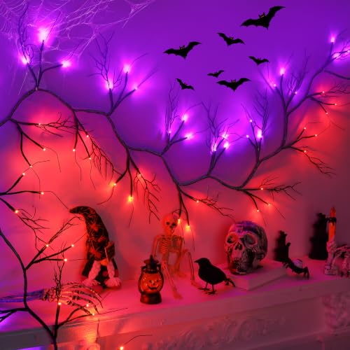 9 Ft Halloween Willow Vine Garland with Orange & Purple LED Lights - Set 1, Black Decor, Timer & 8 Modes