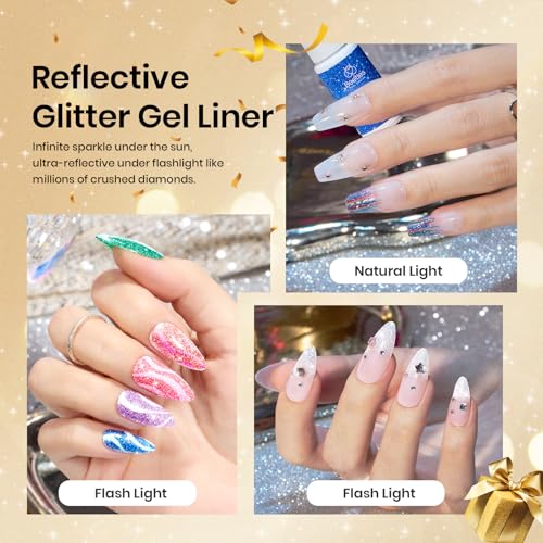 Beetles Nail Art Gel Liner Polish Set - 12 Reflective Glitter Colors, Variation B - Multicolor