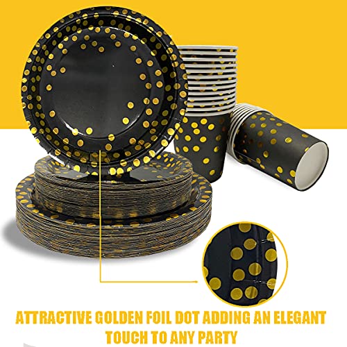 Black and Gold Disposable Party Plates Napkins Set for 50 Guests
