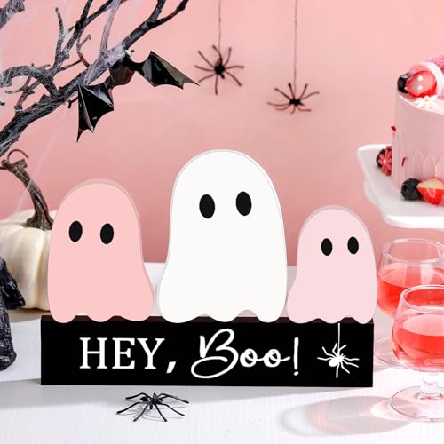 Pink Halloween Ghost Decor Set - Cute Wooden Signs for Tiered Tray & Table Display