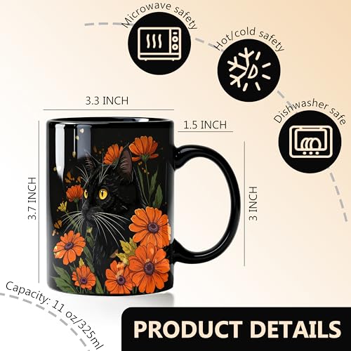 Mystical Black Cat Mug with Orange Daisy Flowers - 11oz Ceramic Coffee Cup - Variation 08