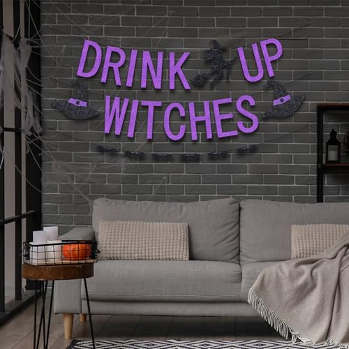 Halloween Drink Up Witches Banner & Bat Garland Set - Purple Glitter Party Decorations