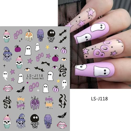 Halloween Ghost Nail Stickers - 3D Spider Bat Pumpkin Bone Design with Variation Flower Nail Stickers-3