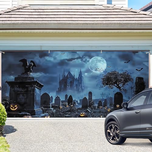 Halloween Garage Door Banner - Haunted Graveyard with Pumpkins, Bats & Full Moon - 6x13FT - Spooky Outdoor Decoration - Variation #3