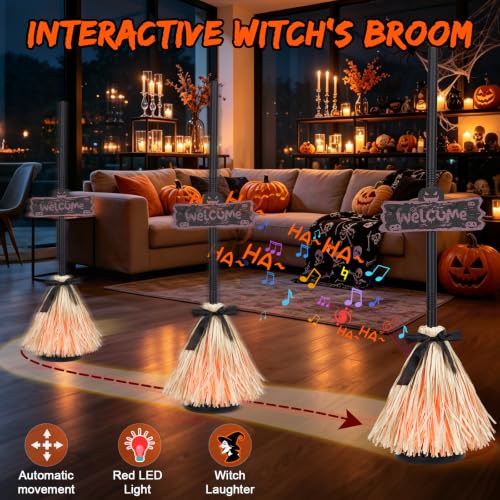 Animated Halloween Moving Witches Broomstick Decor - Spooky Sound & Red Light, Indoor 39"