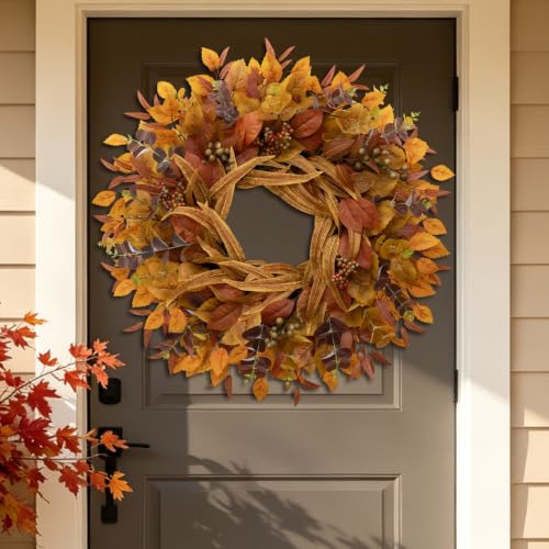 Orange Fall Wreath for Front Door - 26 Inch Eucalyptus Berry Decor