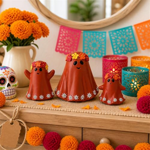 Orange Ghost Figurines Set of 3 Day of The Dead Halloween Home Decor