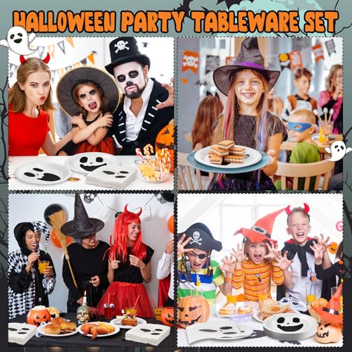 White Ghost Paper Plates & Napkins Set - Halloween Party Disposables for 60 Guests - Classic Ghost Design