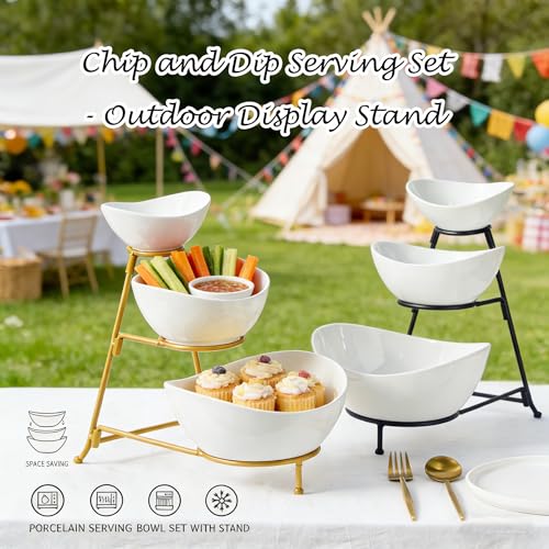 Gomakren 3-Tier Serving Bowl Set with Black Stand, Chip & Dip Holder