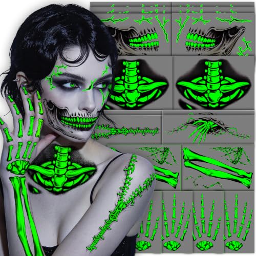 Glow in The Dark Skeleton Face Tattoos for Halloween Costume Party