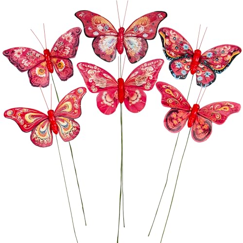 Artificial Feather Butterfly Decorations Set of 12 with Wire - F Wire Variation