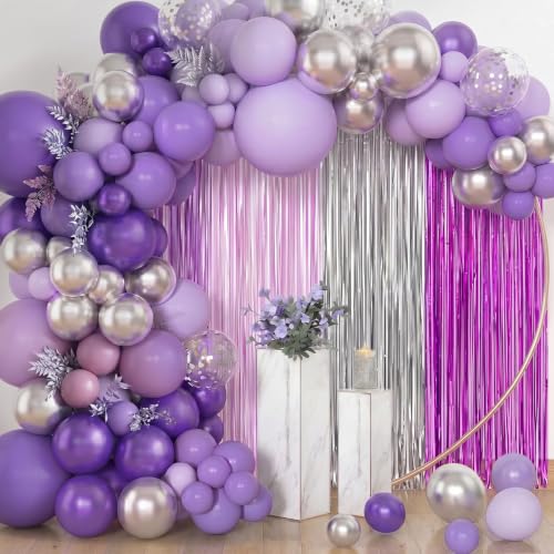Purple and Silver Fringe Backdrop Curtains - 6.6ft Party Decor Set of 4
