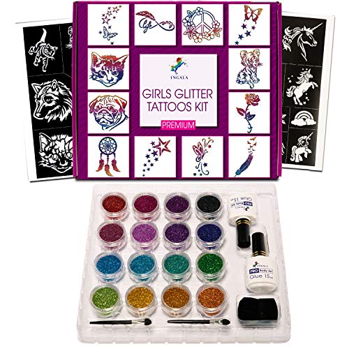 Pink Glitter Temporary Tattoo Kit for Girls with 74 Stencils, 16 Colors & Body Glue