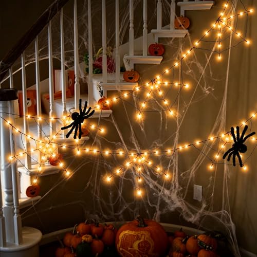 Orange Halloween Spider Web Lights with Spiders - 2 Pack, Indoor/Outdoor Decoration