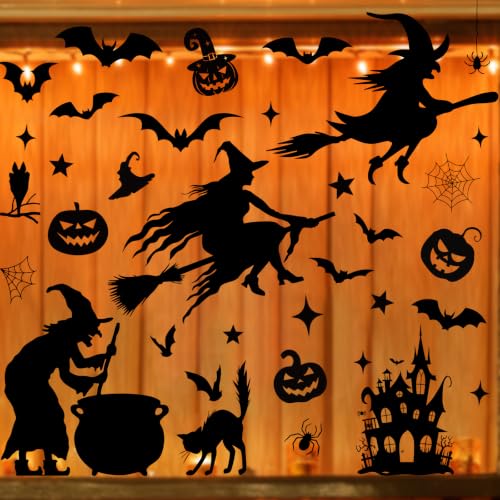 Halloween Witch Bat Window Clings Set - Castle Variation, Large Spooky Decorations