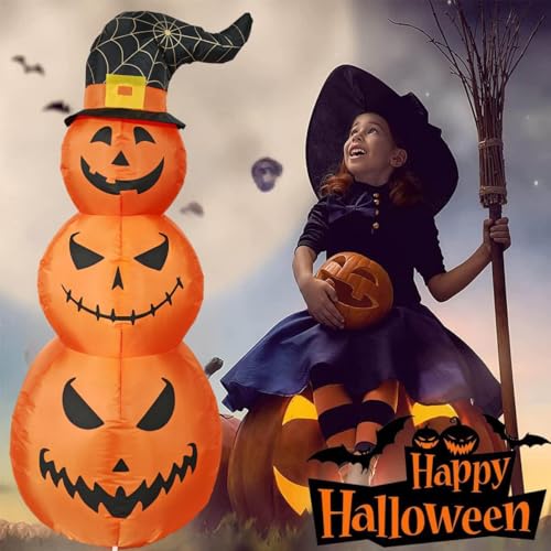 4FT LED Light-Up Halloween Inflatable Pumpkins with Witch Hat - Outdoor Yard Decor