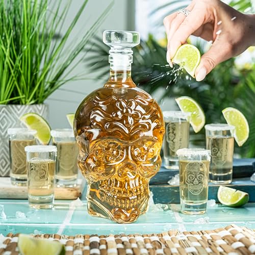 Skull Tequila Decanter Set with 6 Shot Glasses - Handmade Glass Barware Gift