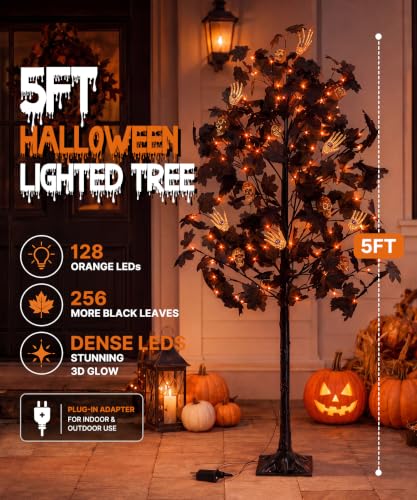 5FT Halloween Lighted Tree with Skull & Skeleton Decor, Dimmer & Timer