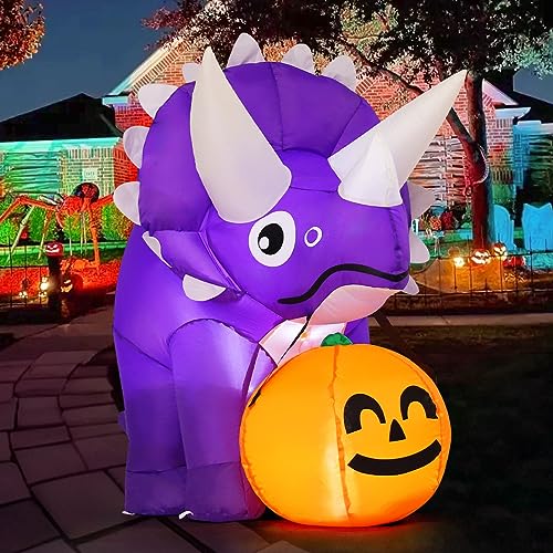 Halloween Dinosaur Inflatable with Pumpkin & LED Lights, 5 ft Outdoor Yard Decoration