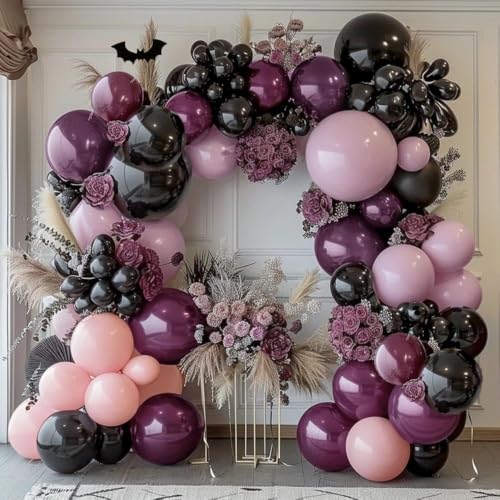 Black Pink Purple Balloons Double Stuffed Balloon Garland Kit for Halloween Birthday Baby Shower Wedding