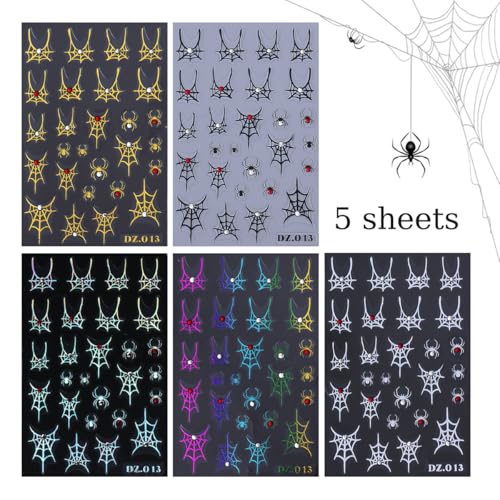 Halloween Nail Stickers with Rhinestones & Spider Web Design - Spiders Variation, 5 Sheets